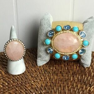 QVC CN Pink Quartz Cuff Bracelet & Ring Gold Toned